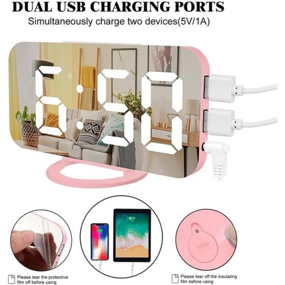 Digital Alarm Clock,Large LED Mirror Display,2USB Charging Ports,Auto Brightness - Picture 2 of 5